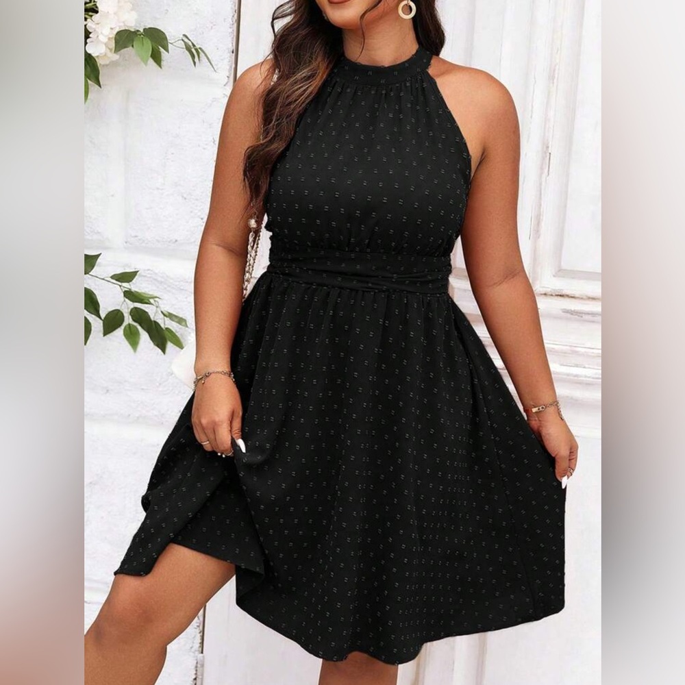 Black Swiss Dot Ruched Waist Halter Neck Dress - Size Large